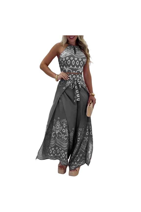 Boho Sets Women 2 Piece Outfits Vintage Sleeveless Halter Crop Top Tie-Waist Palazzo Pants for Beach Vacation