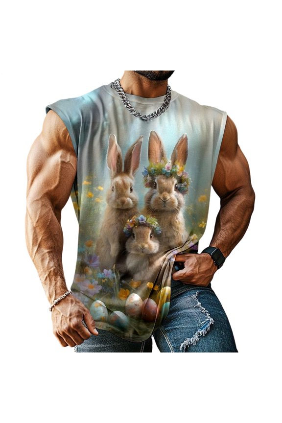 Bunny Tank Top Men Bunny Egg Crewneck Sleeveless Summer T Shirts Workout Trendy Basic Tops for Exercise