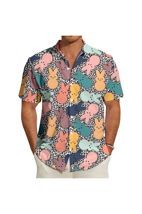 Easter Hawaiian Shirt Men Rabbit Egg Print Button Down Casual Shirt Short Sleeve Summer Tops for Travel