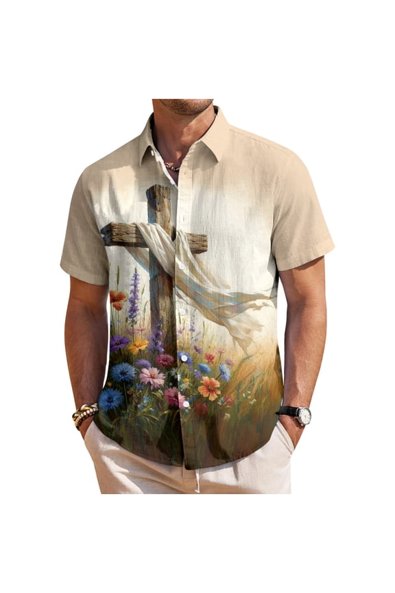 Easter Shirts Men Flower Cross Short Sleeve Casual Shirts Summer Fashion Tops for Vacation