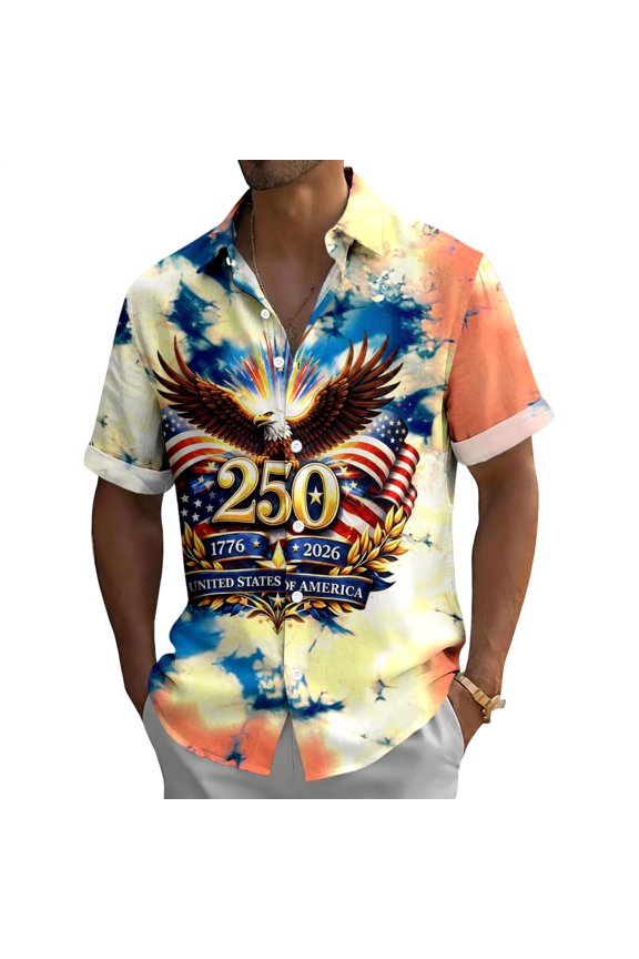 Flag Button Up Shirt Men Flag Eagle Hawaiian Shirt Button Down Patriotic Tops for Parade