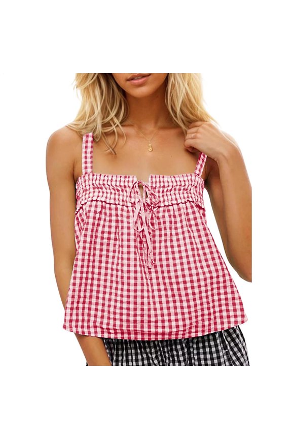 Gingham Tank Tops for Women Tie Front Loose Camisole Tops Cute Peplum Sleeveless Shirts Daily Wear