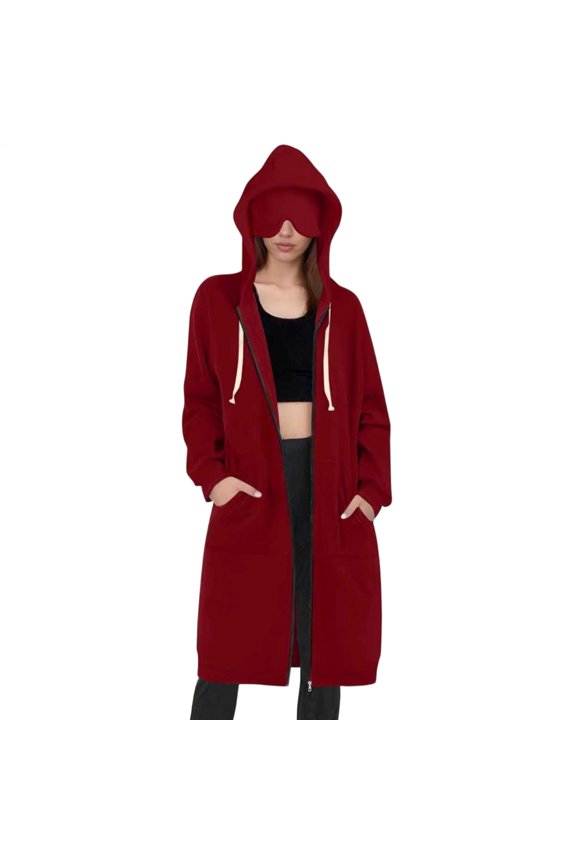 Long Hoodies for Women Zip up with Eye Cover Long Hooded Sweatshirt Solid Color Casual Jacket for Vacation Nap