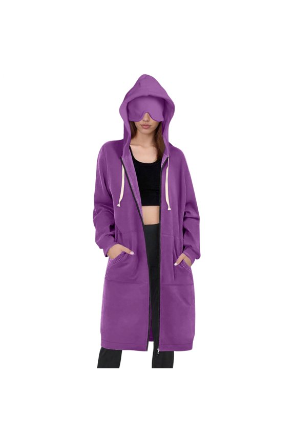 Long Hoodies for Women Zip up with Eye Cover Trendy Travel Hoodies Jacket Casual Long Sweatshirts for Streetwear