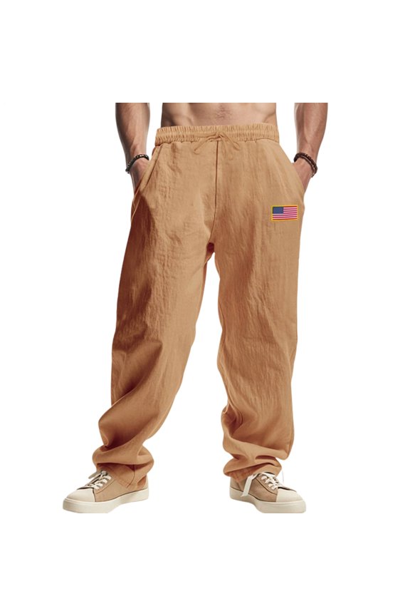 Men Linen Pants US Flag Print Casual Summer Pant Elastic Waist Drawstring Lightweight Trousers for Daily Wear Travel