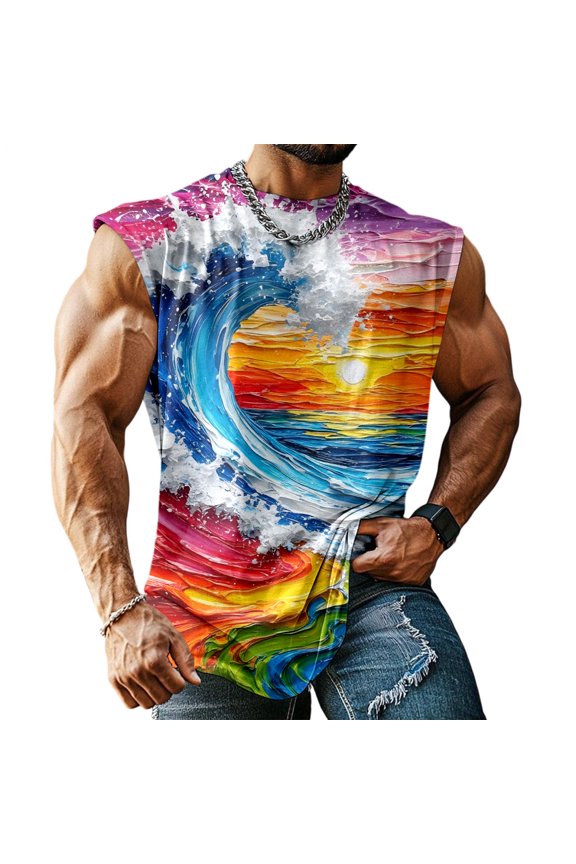 Men The Great Wave Tank Tops Crewneck Crewneck Sleeveless Beach Muscle Shirts Summer Clothes for Vacation