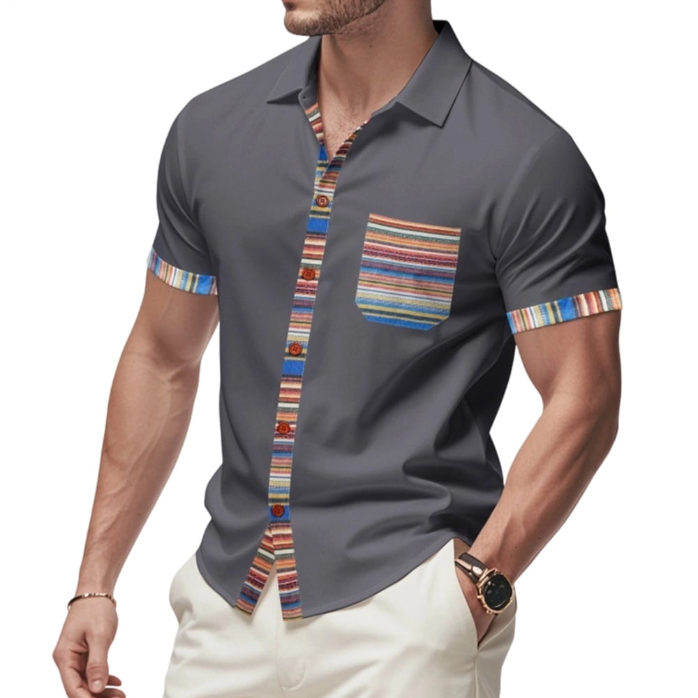 Cutever Mens Boho Shirt Color Block Fashion Bohemian Style Retro Button ...