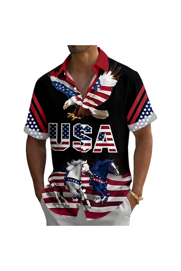 Mens Patriotic Button Up Shirt Eagle Print Independence Day American Flag Button Down Shirt for Daily Wear