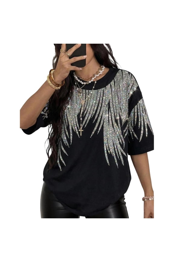 Rhinestone Angel Wings Shirt Oversized Unisex Shiny Short Sleeve Casual T Shirt Summer Clothes for Leisure