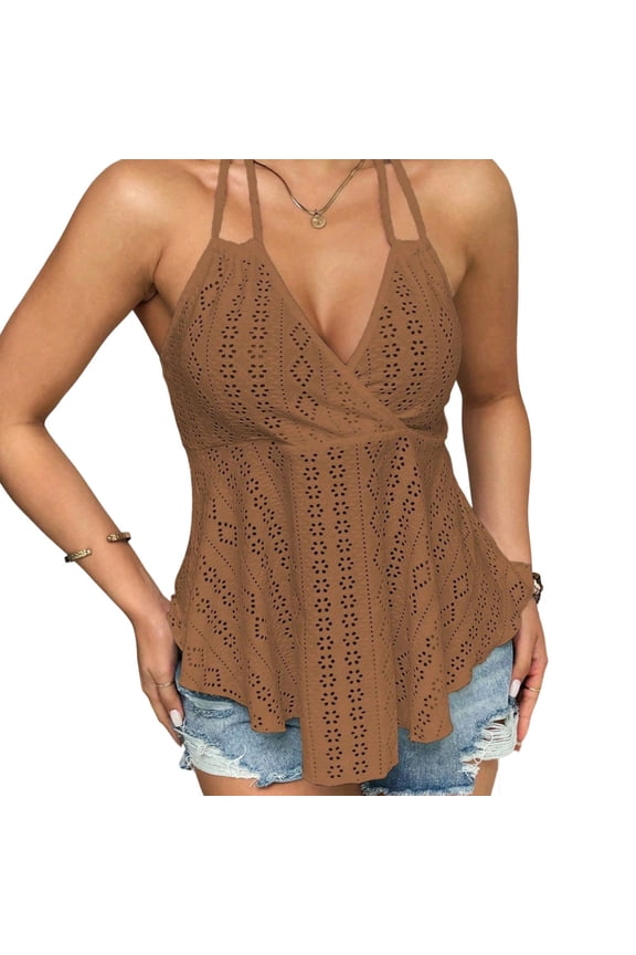 Tie Halter Top V Neck Strappy Tank Tops Casual Sleeveless Eyelet Shirts for Vacation Daily Wear