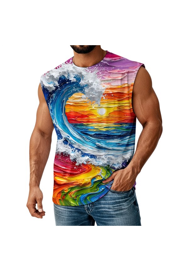 Wave Tank Top Men Crewneck Crewneck Sleeveless Beach Muscle Shirts Summer Clothes for Vacation