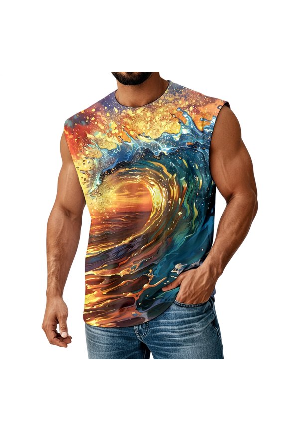 Wave Tank Top Men Crewneck Sleeveless Summer Beach T Shirts Loose Fit Trendy Tops for Vacation