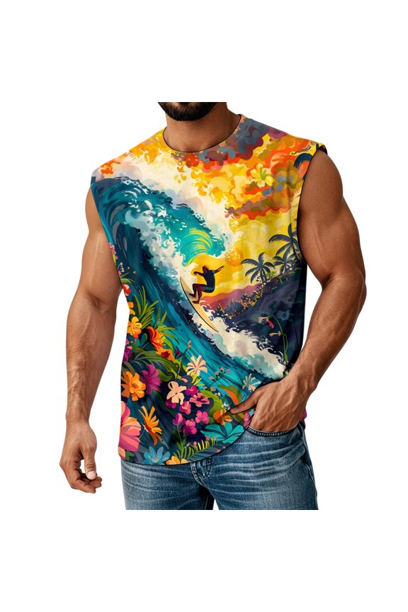 Wave Tank Tops for Men Crewneck Casual Crewneck Summer Sleeveless Tee Loose Hawaiian Basic Tops for Vacation