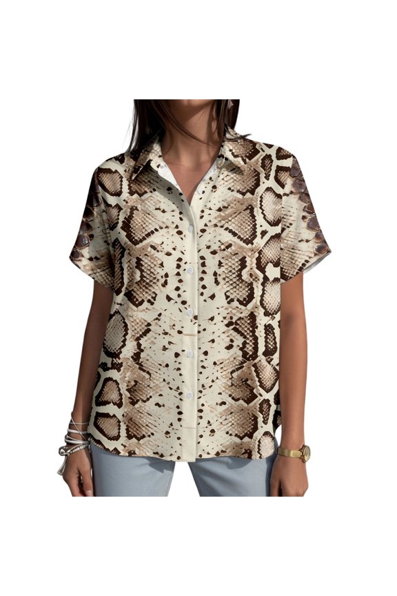 Women Hawaiian Shirt Snakeskin Print Button Down Short Sleeve Beach Shirt Fashion Summer Tops Daily Wear
