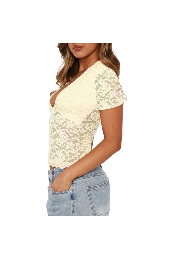 Women's Short Sleeve V-Neck Lace Top Low Cut Short Sleeve Sexy Slim Fit Crop Top Sexy Going Out Clothes for Night Out