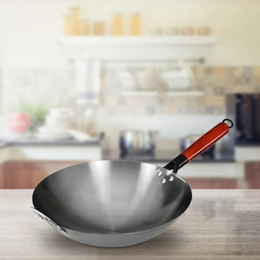 Cuticate Wok Pan Cooking Wok General with Wooden Handle Cookware Gas Round Bottom Wok 42cm