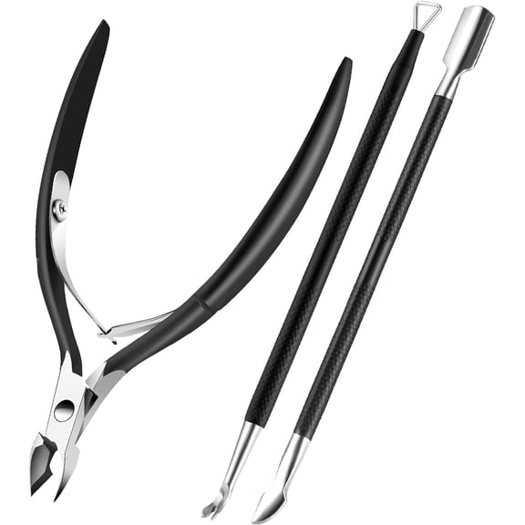 Cuticle Trimmer Cuticle Remover with Cuticle Pusher, Professional Stainless Steel Durable Pedicure Manicure Tools Cutter Nipper Scissor Clipper for Fingernails and Toenails Dead Skin Black
