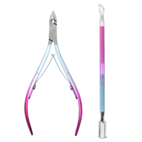 Cuticle Trimmer & Pusher Set, Red Blue Stainless Steel Sharp Rustproof Labor-Saving Manicure Pedicure Nail Tools
