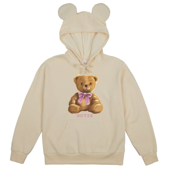 Cutie Bear on Cream Bear Ear Hoodie Adult-Large