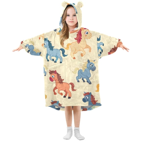 Cutie Cartoon Horses Flannel Wearable Blankets Hooded Design Long Sleeves Wrap Unisex for 3T-14Y S