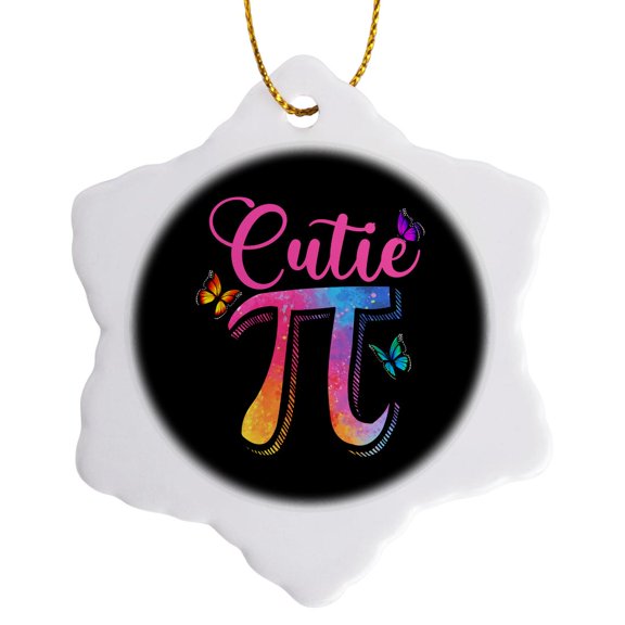 3drose, Cutie Pi Colorful Math Symbol and Butterflies Around It Girlish Gift, 3 inch Snowflake Porcelain Ornament