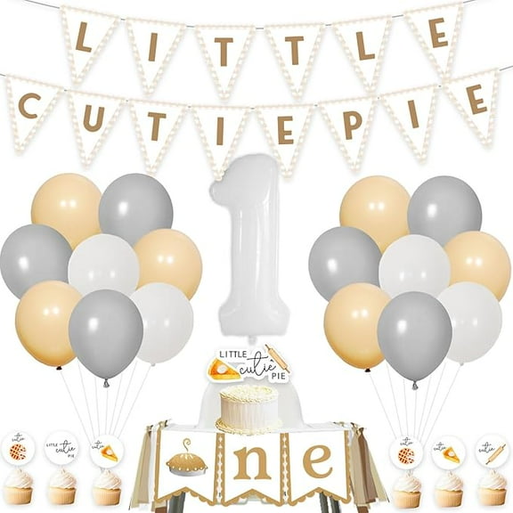 Cutie Pie 1st Birthday Decorations Little Cutie Pie Banner, Cake Cupcake Toppers, Beige High Chair Banner Supplies for Kids Boys Girls Baking Cookie Pie First Birthday Party