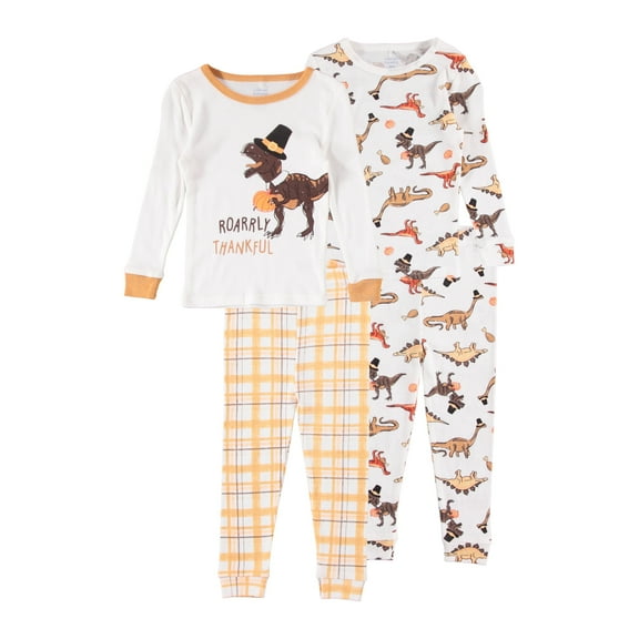 Cutie Pie Dreamers Baby Boy & Toddler Boy Fall Harvest Thanksgiving 4 Pc Mixed Pajama Set, 2 Long Tops 2 Long Bottoms, Sizes 12 Months-4T
