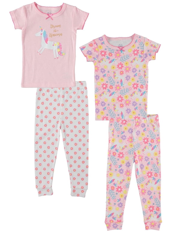 Dreamers Baby Girl & Toddler Girl 4PC Tight Fit Cotton Sleep Set, Size 12M-4T