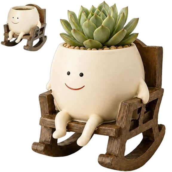 Cutie Potsy Rocking Plant Pot, with Drainage Hole, Rocking Chair Planter, Hanging Basket for Indoor Plants, Cute Smiley Head Face Design