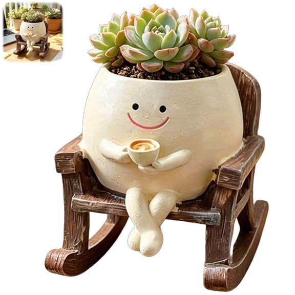 Cutie Potsy Rocking Plant Pot, with Drainage Hole, Rocking Chair Planter, Hanging Basket for Indoor Plants, Cute Smiley Head Face Design