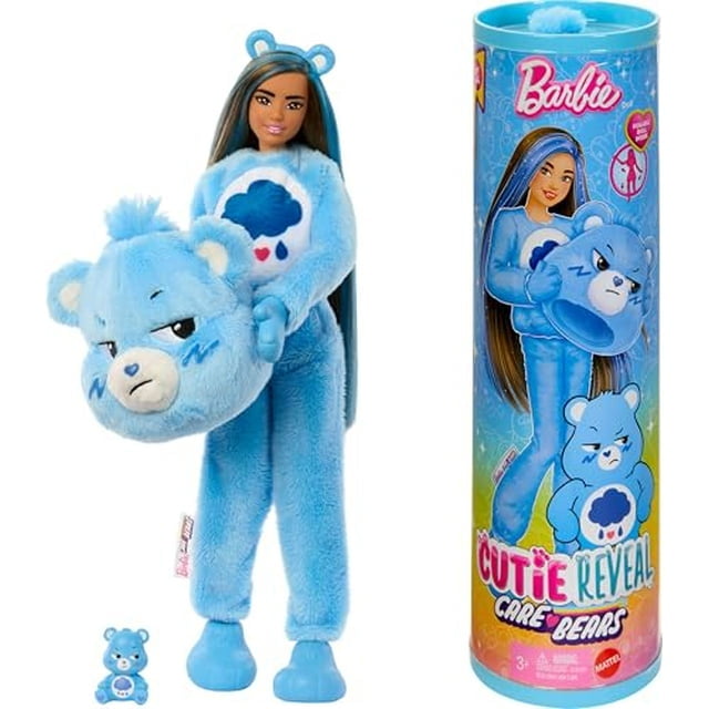 Cutie Reveal Care Bears Series Doll & Accessories Set With Grumpy Bear Plush Costume & 10 Surprises Including Color Change & Mini Bear
