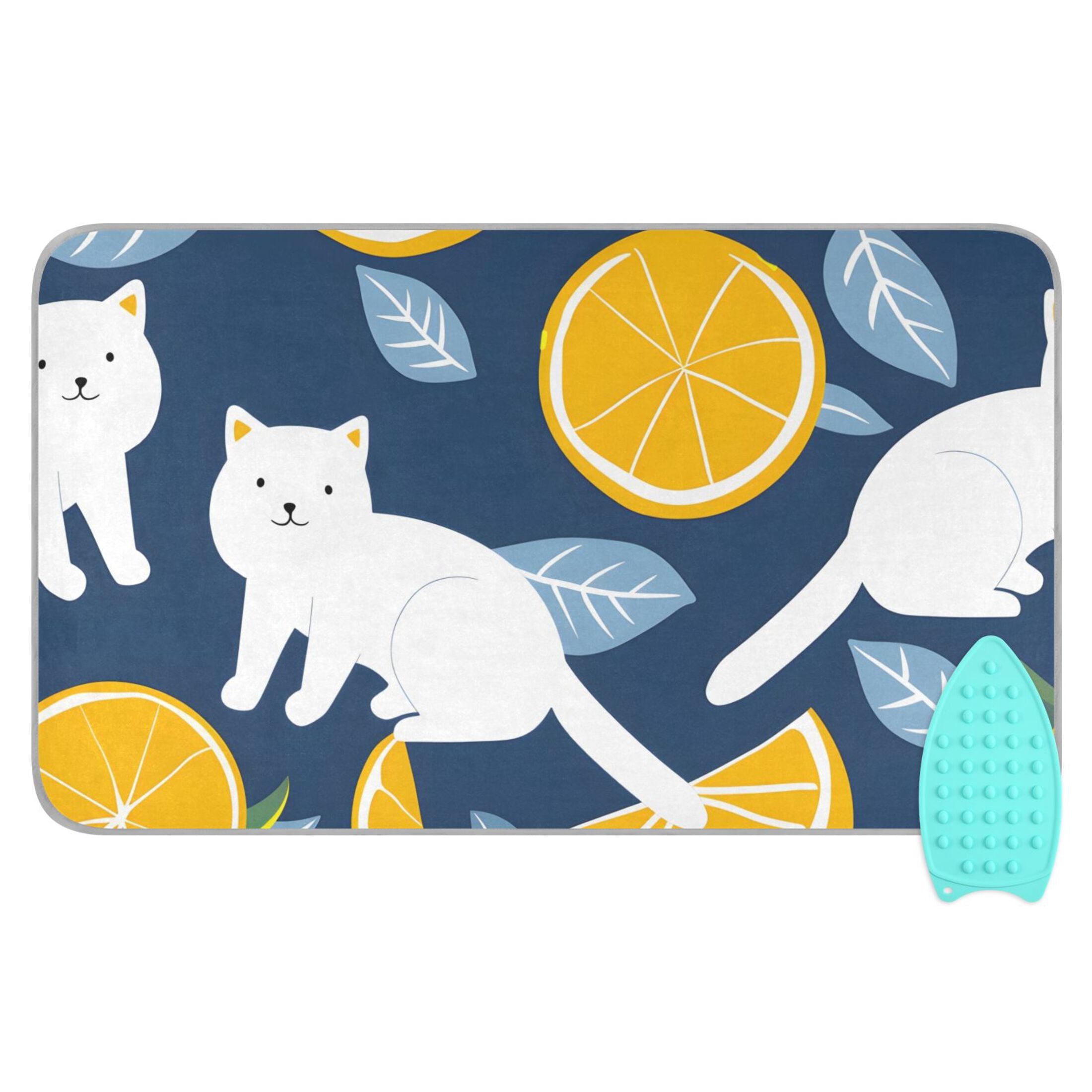 Cutie White Cat Lemon Leaf Ironing Mat Blanket Portable Travel Ironing Pad Heat Resistant Pad 47.2" x 27.6”