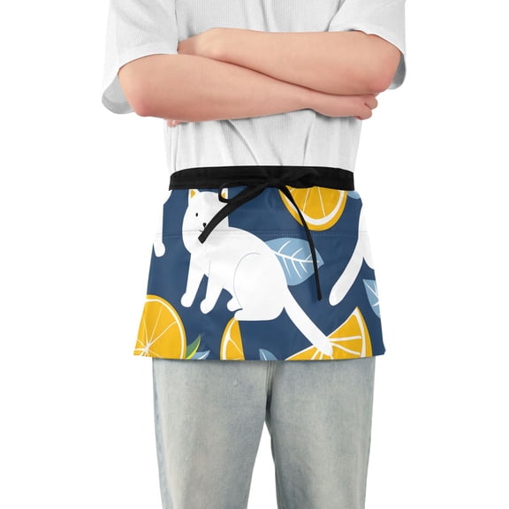 Cutie White Cat Lemon Leaf Short Server Apron with 3 Pockets for Unisex Chef Gardening
