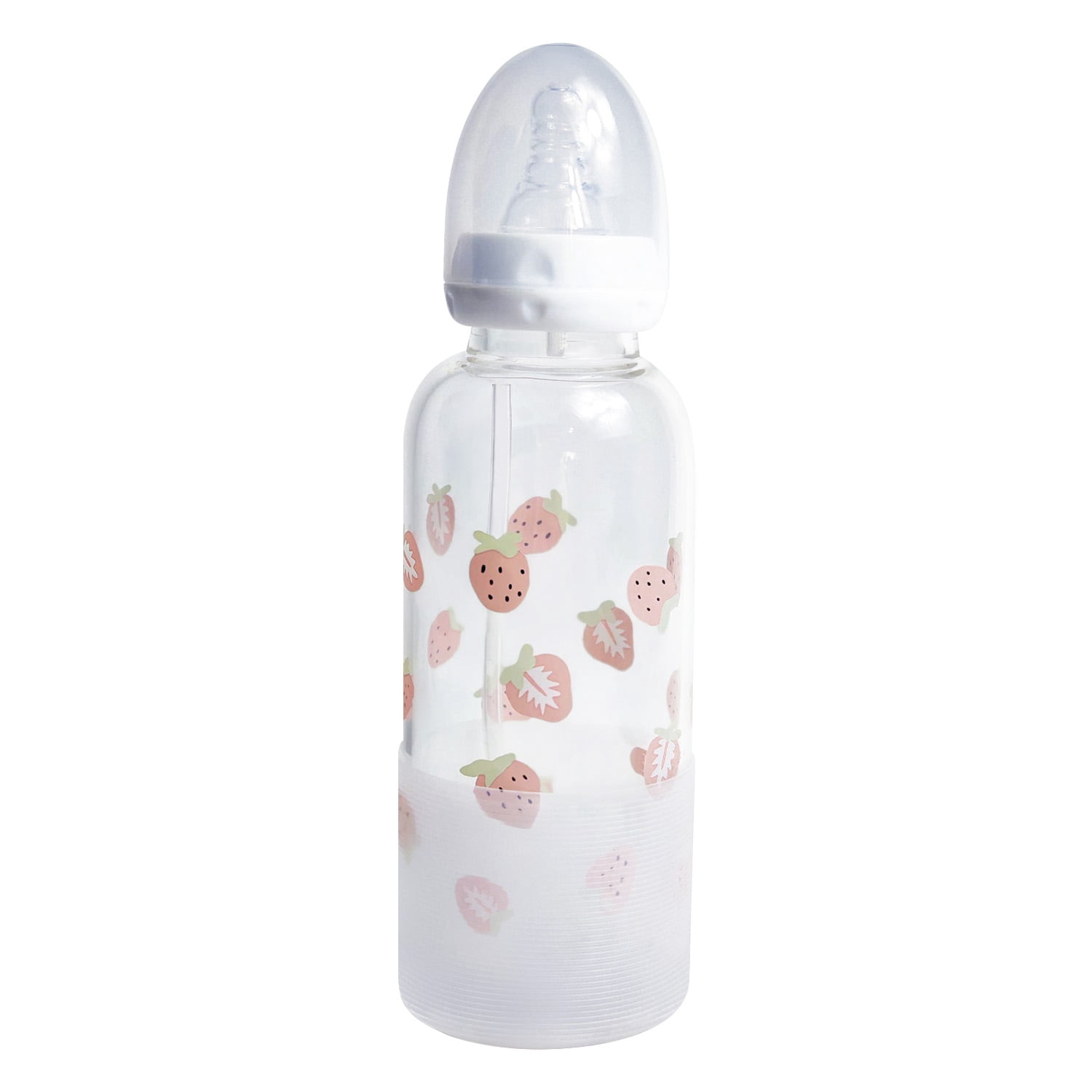 CutiePlusU Adult Glass Feeding Bottle Cute Printed Large Size Baby Bottles 13.5Oz/400ML Cute Strawberries