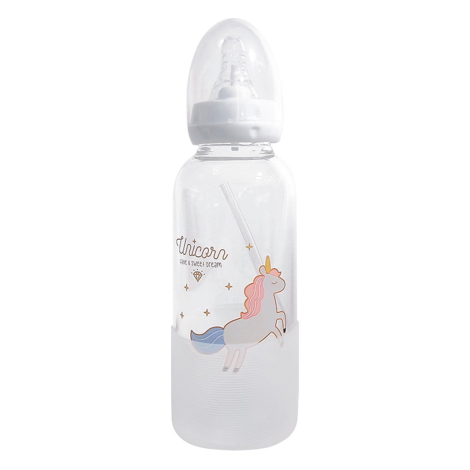 CutiePlusU Adult Glass Feeding Bottle Cute Printed Large Size Baby Bottles 13.5Oz/400ML Diamond Unicorn