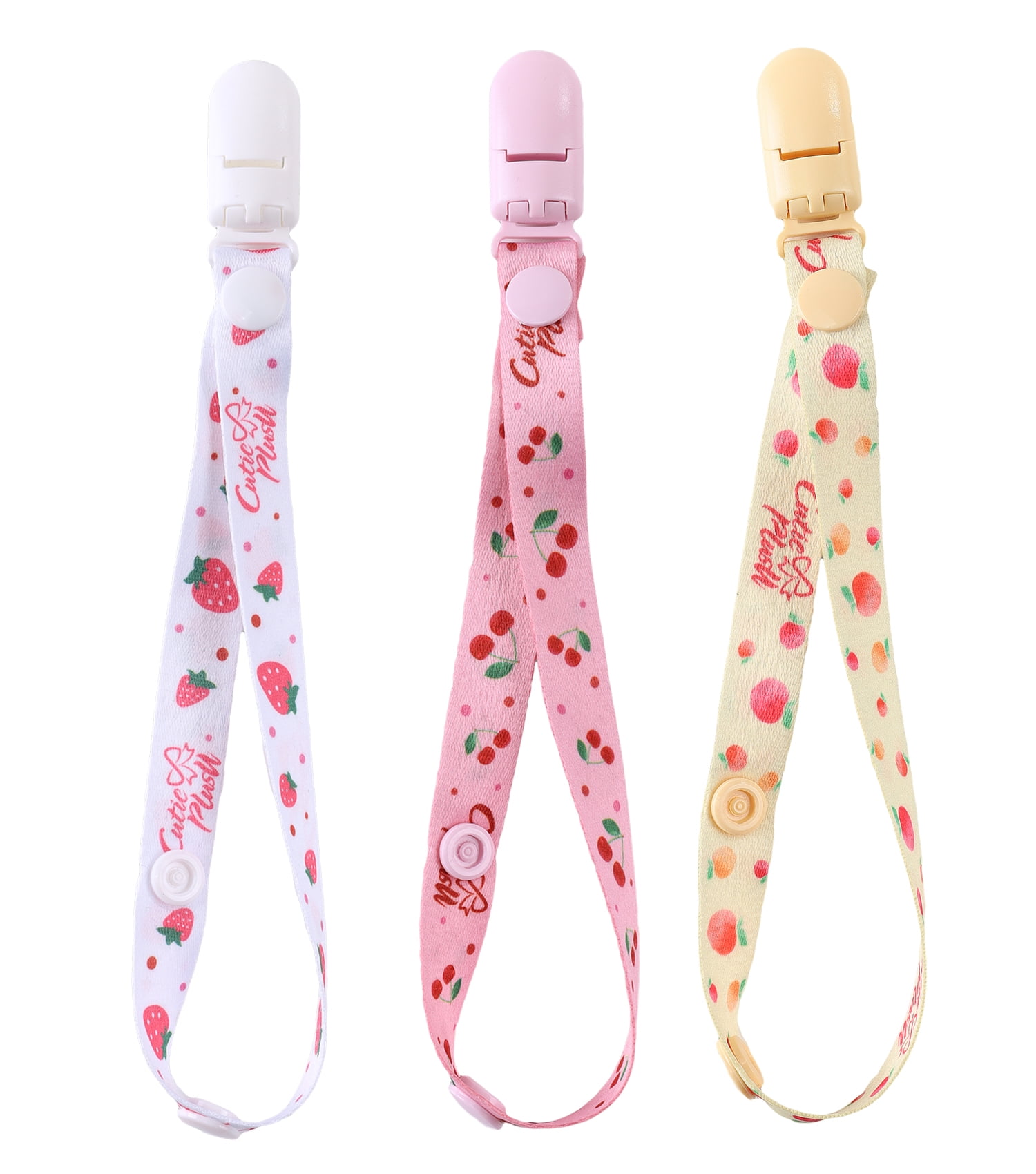 CutiePlusU Adult Pacifier Clip Adult Size Anyard Holder Clips 3 Pack-Fruit Party (Strawberries, Cherries and Peaches)