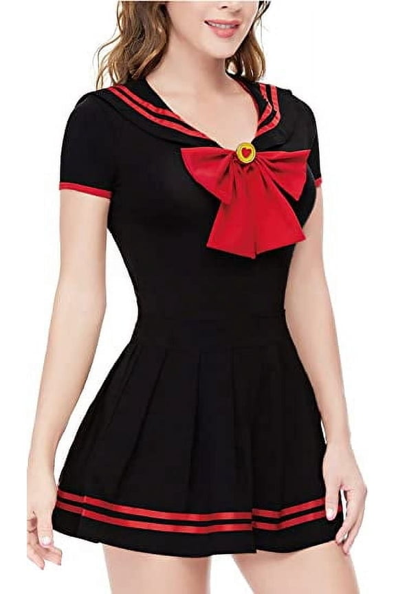 Button Crotch Onesie Adult Romper Bodysuit Cosplay Magical Sailor Onesie Skirt Set-RedBlack 4XL