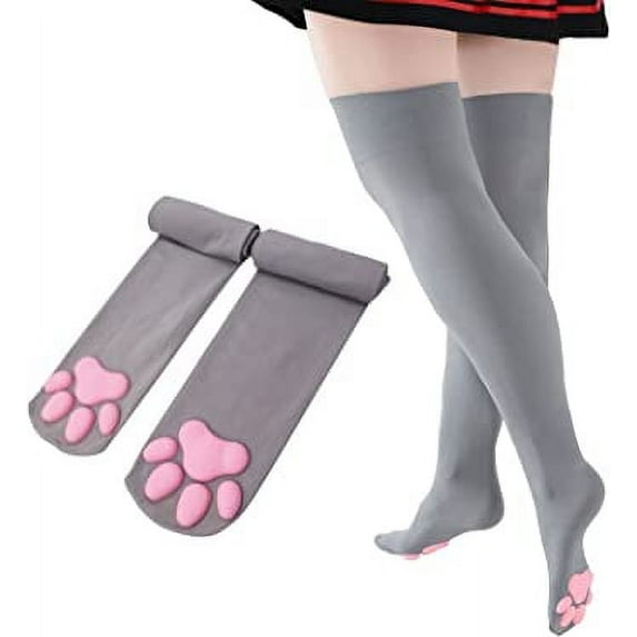 CutiePlusU Cat Paw Thigh High Socks Cute 3D Kitten Claw Stockings Cosplay Gray