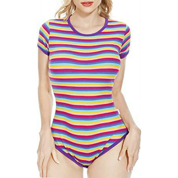 CutiePlusU Cotton Adult Romper Onesie Button Crotch Bodysuit Pajamas- Rainbow Purple 2XL