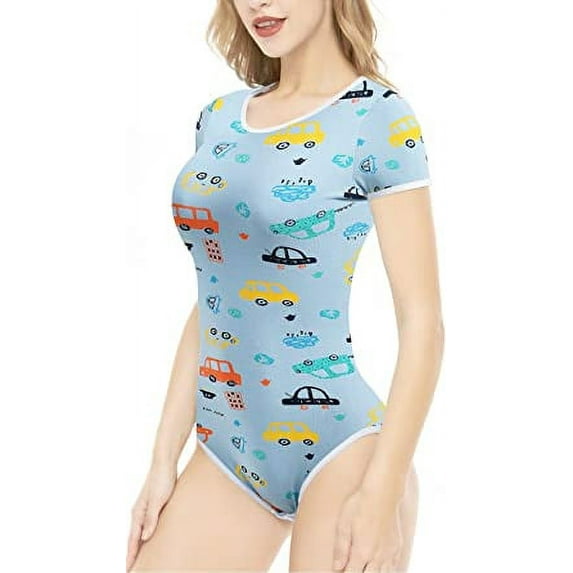 CutiePlusU Cotton Button Crotch Adult Onesie Romper Bodysuit Pajamas- Cool Car Party Print Blue S