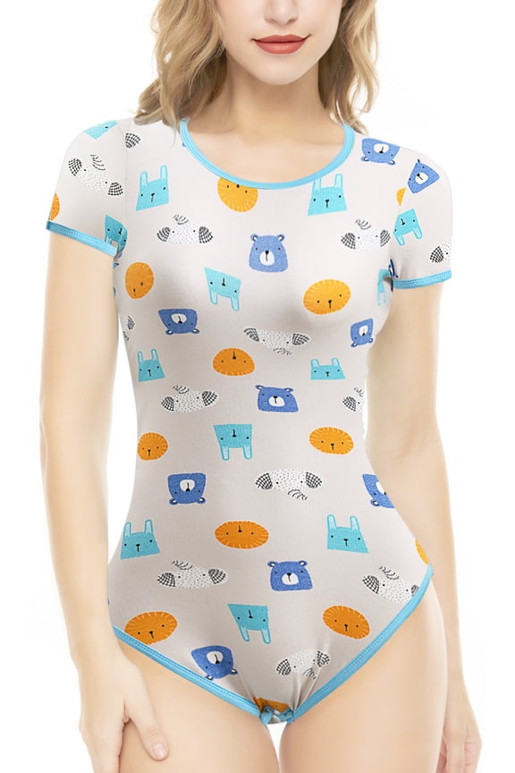 Cotton Button Crotch Adult Onesie Romper Bodysuit Pajamas- Cutie Little Bear Print Grey S