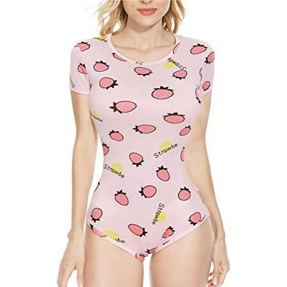 CutiePlusU Cotton Button Crotch Adult Onesie Romper Bodysuit Pajamas- Strawberry Print Pink L