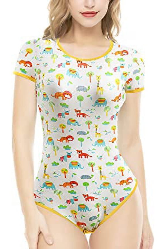 Cotton Button Crotch Adult Onesie Romper Bodysuit Pajamas- Wonderful Wildlife Park Print Yellow 2XL