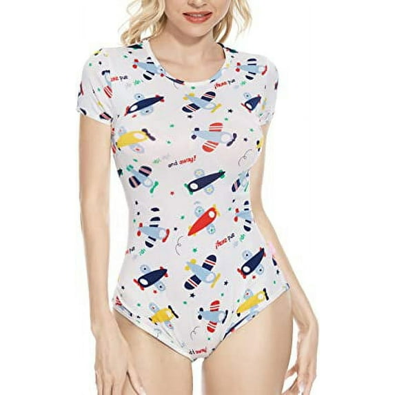 CutiePlusU Cotton Button Crotch Bodysuit Adult Romper Onesie Pajamas- Cartoon Plane Print Blue M
