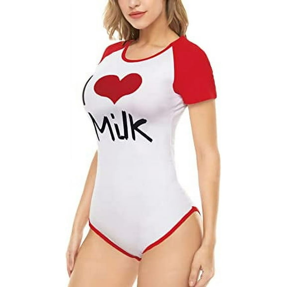 CutiePlusU Cotton Button Crotch Bodysuit Adult Romper Onesie Pajamas - Milk lover Red S