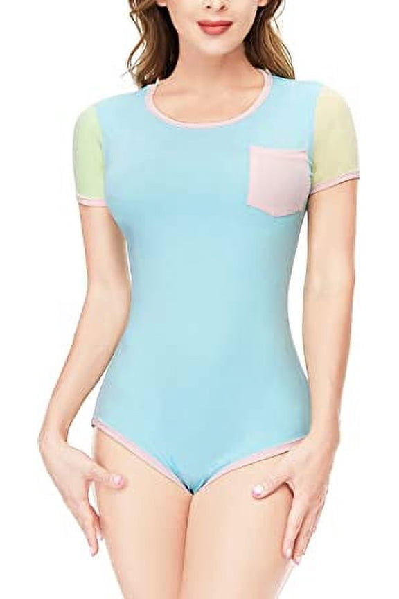 Cotton Button Crotch Bodysuit Adult Romper Onesie Pajamas Splicing Style Blue L