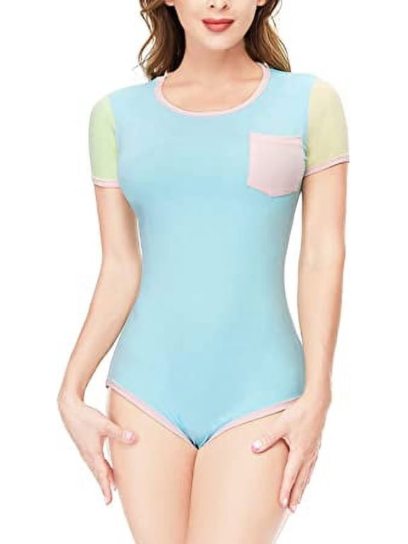 Cotton Button Crotch Bodysuit Adult Romper Onesie Pajamas Splicing Style Blue XL