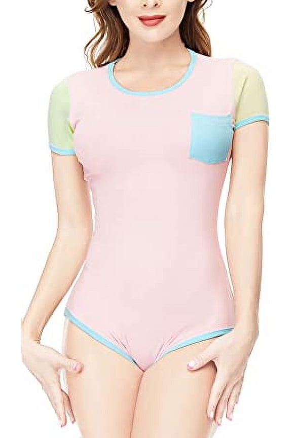 Cotton Button Crotch Bodysuit Adult Romper Onesie Pajamas Splicing Style Pink M