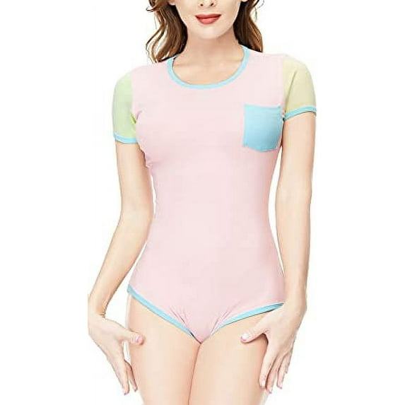 CutiePlusU Cotton Button Crotch Bodysuit Adult Romper Onesie Pajamas Splicing Style Pink XS