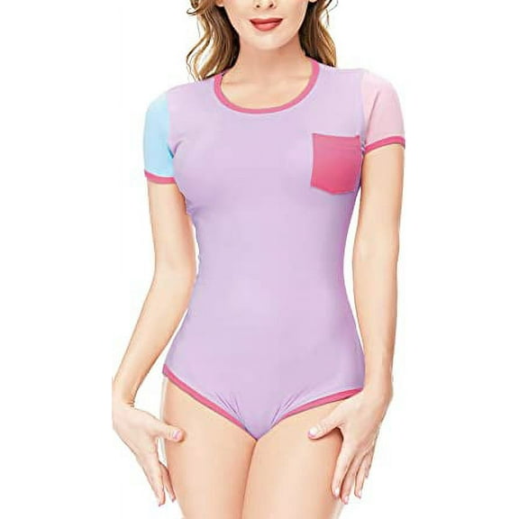 CutiePlusU Cotton Button Crotch Bodysuit Adult Romper Onesie Pajamas Splicing Style Purple XS